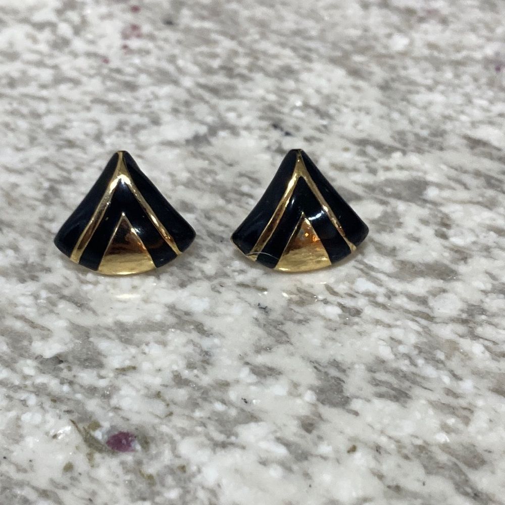 80s Art Deco Black Gold Geometric Avon Earrings Vintage